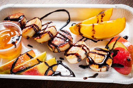 cottage cheese pancakes with fruitsの写真素材