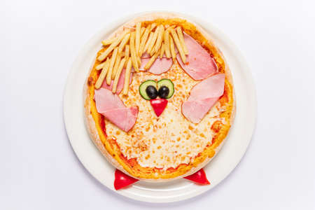 funny kids pizza on the white plateの写真素材