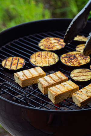 grilled aubergine and tofu outdoorの写真素材