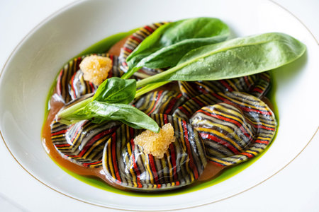 Plate of tasty traditional Italian ravioli pasta served in a piquant spicy sauce garnished with...