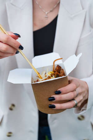 Asian people preparing fast food for lunchの写真素材