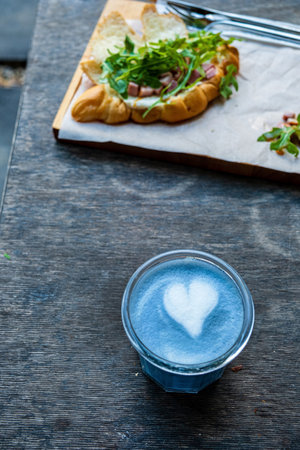 Fresh blue matcha with frothy foam