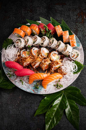 tasty sushi on the black backgroundの写真素材