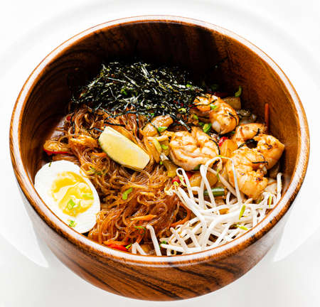 noodle with shrimps and eggの写真素材