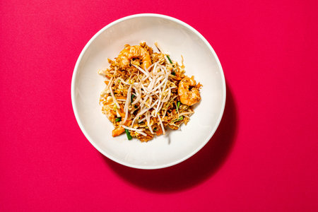 Stir-fried noodles with shrimps and vegetablesの写真素材