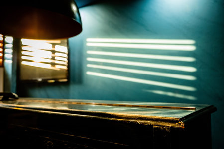 blinds and vintage lamp in room