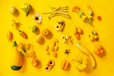 Yellow vegetables on the yellow backgroundの写真素材