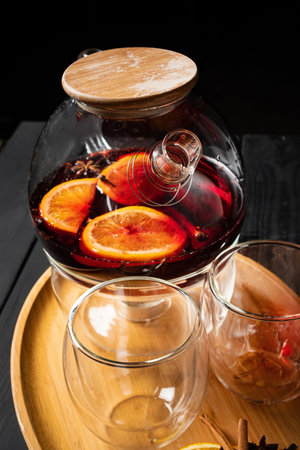 mulled wine with fruits and spicesの写真素材