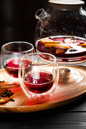 mulled wine with fruits and spicesの写真素材