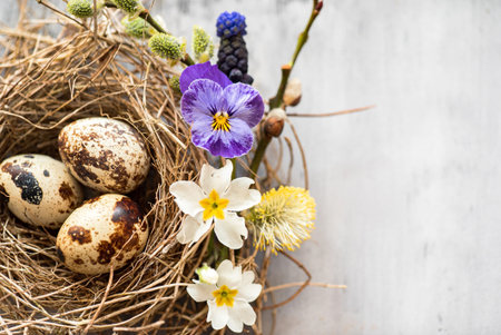 Easter nest with spring flowersの写真素材