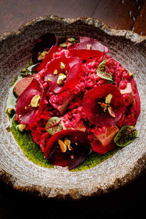 beetroot risotto pesto and herbsの写真素材