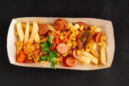 french fries with sausage and corn