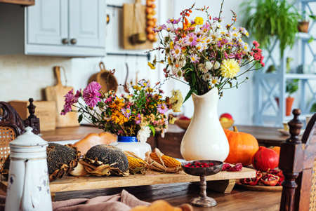 Thanksgiving decoration. Minimal autumn inspired room decoration.の写真素材