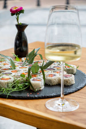 Beautiful restaurant serving table with seafoodの写真素材