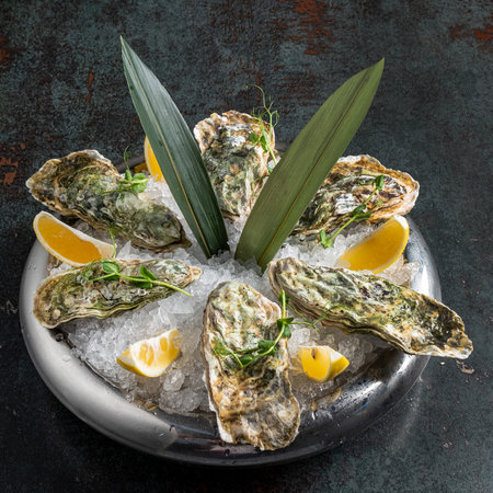 Oysters served on stone plate with ice drift