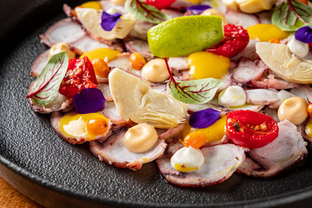 Octopus Carpaccio with sauce and vegetables
