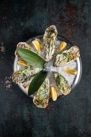 Oysters served on stone plate with ice driftの写真素材
