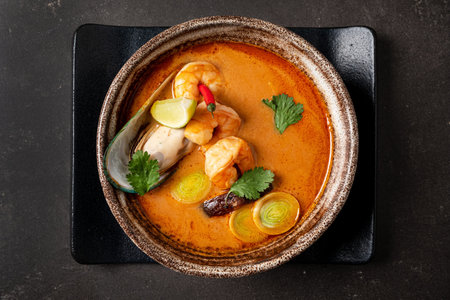 seafood soup on the dark background