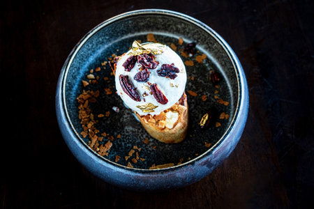 winter dessert with pecan and ice creamの写真素材