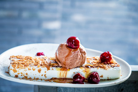 Christmas dessert with ice cream and cherries