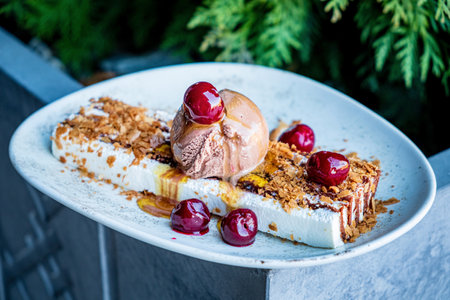 Christmas dessert with ice cream and cherriesの写真素材
