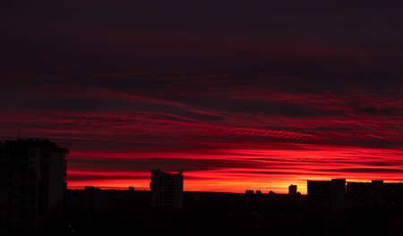 city sunrise close up red skyの写真素材