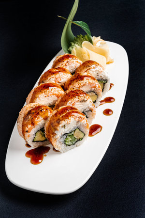 tasty sushi with fresh fish and vegetablesの写真素材