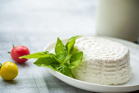 fresh ricotta cheese with basilの写真素材