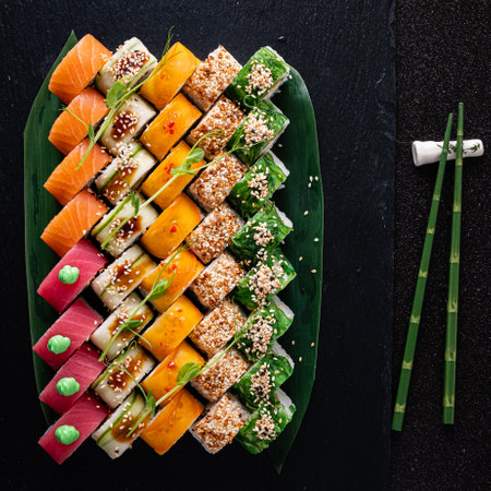 sushi on the black stoneの写真素材