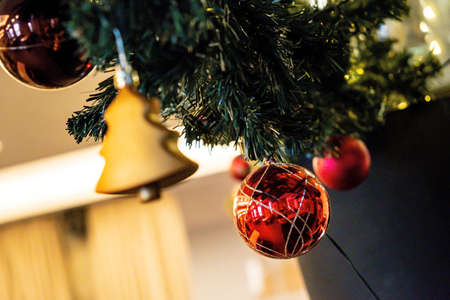 Christmas tree with red and golden ballsの写真素材