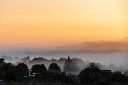 nice sunset with misty fogの写真素材