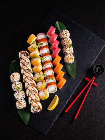tasty sushi on the black backgroundの写真素材