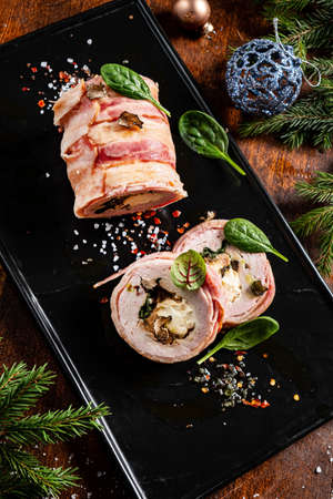 turkey roulade on the Christmas tableの写真素材