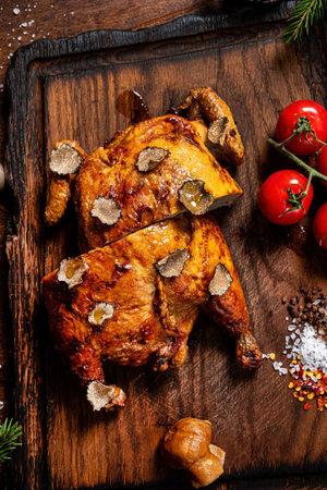 Christmas chicken and champagne on the table