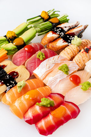 Mix sushi isolated in white backgroundの写真素材