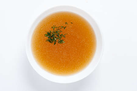close up of a bowl of chicken brothの写真素材