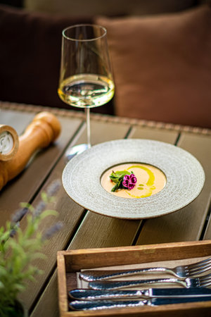 cream soup in the restaurantの写真素材