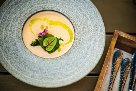 cream soup in the restaurantの写真素材