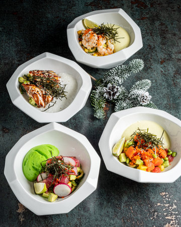 Raw fish poke bowl  with sauce