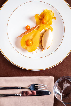 pear dessert with vanilla sorbetの写真素材