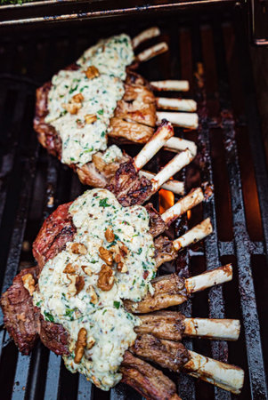 Grilled ribs on the flaming grillの写真素材
