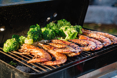 grilled shrimps and broccoli outdoor