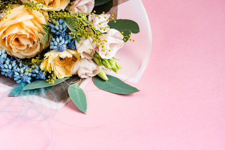 beautiful colourful flower bouquet on the pink backgroundの写真素材