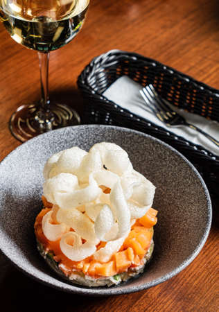 fish tartare with parmesan foamの写真素材