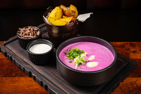 cold beetroot soup with baked potatoの写真素材