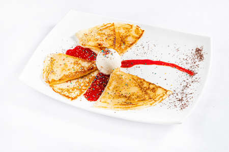 pancakes with ice cream and syrupの写真素材