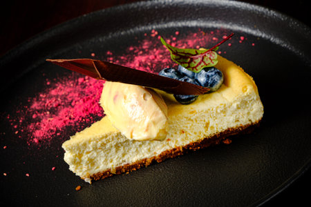 cheesecake with blueberries and chocolateの写真素材