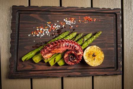 grilled octopus with asparagus and lemonの写真素材
