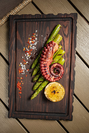 grilled octopus with asparagus and lemonの写真素材