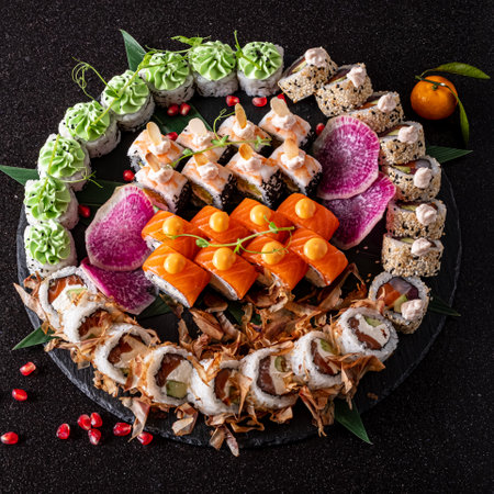 tasty sushi on the black backgroundの写真素材